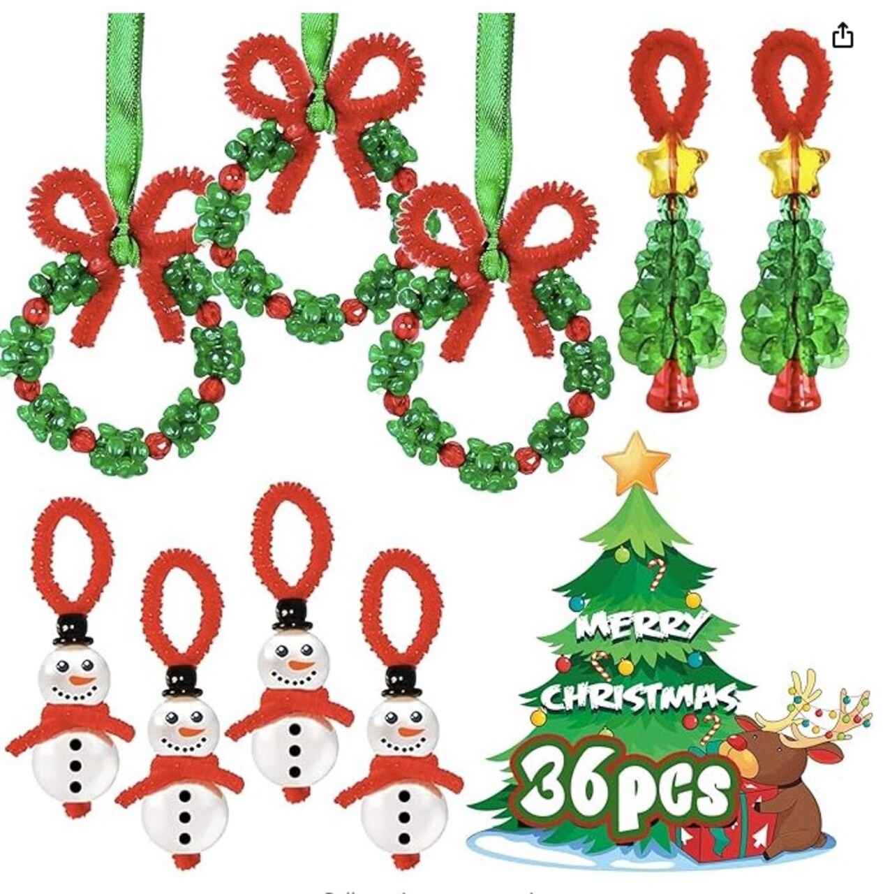 36 Pieces Christmas Crafts for Children, Beaded Ornament Kit to Make Wreath Snowman Christmas Tree Decorations Holiday Tree Party Supplies